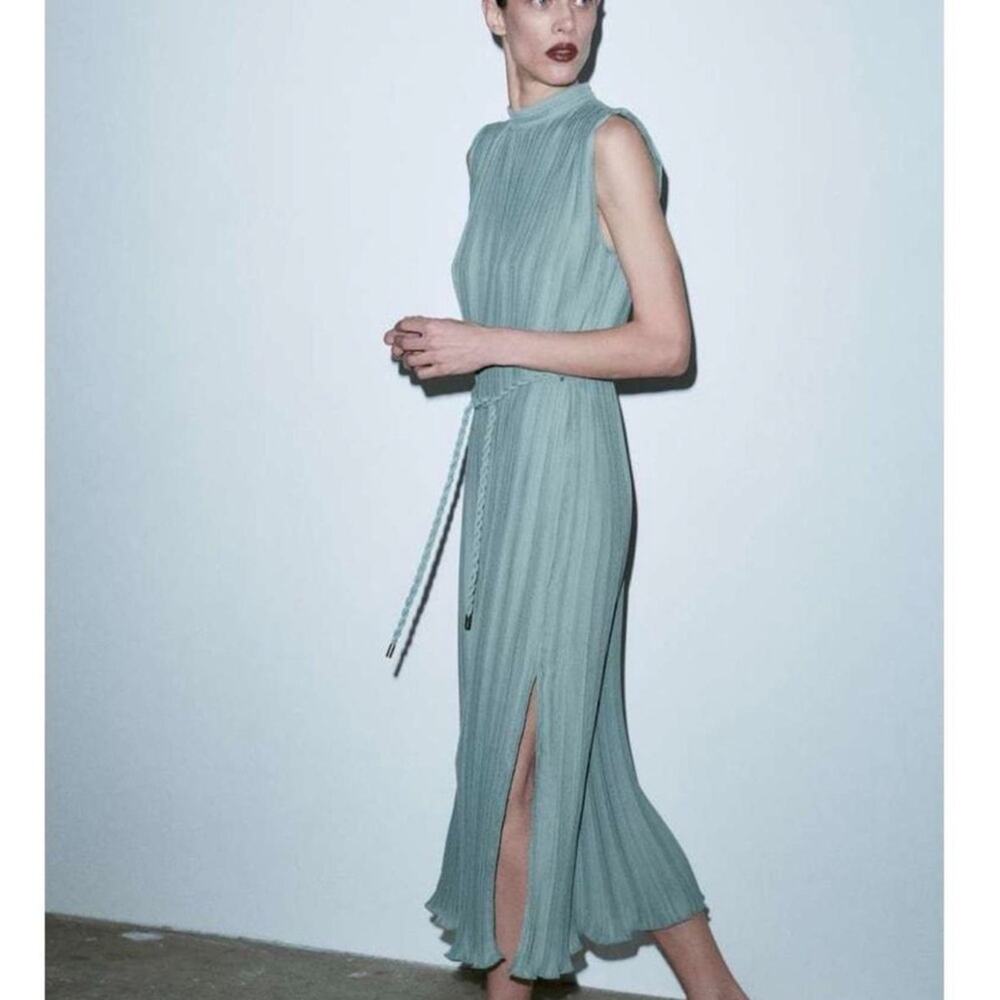 Zara Green Marl Grecian Pleated Sleeveless Midi Dress